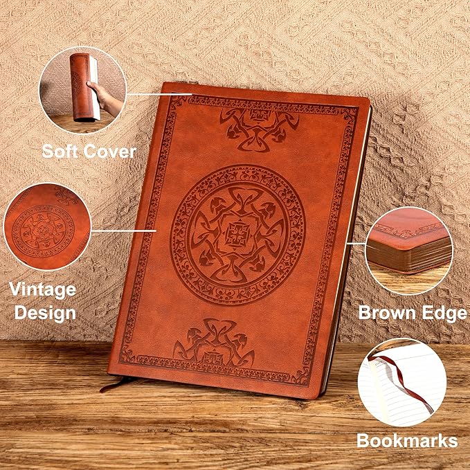 CAGIE Lined Journal Notebook for Women Men, 300 Pages Soft Cover Notebook Leather Journals for Writing, 180 Lay Flat Vintage Mens Journal Personal Diary 8.5"×11", Brown