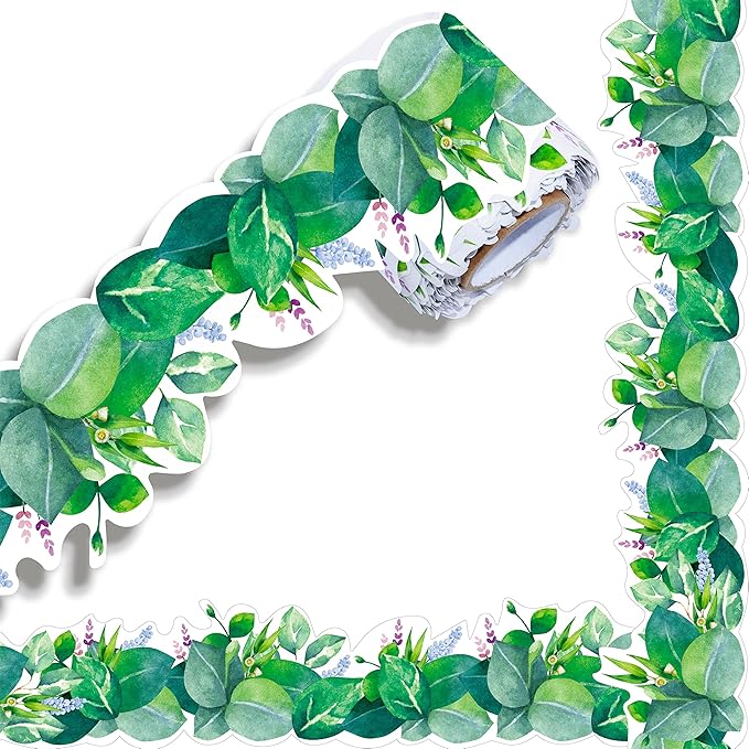 ERKE 60 Feet Bulletin Board Borders, Scalloped Rolled Border Trim with Floral and Leaves Patterns for School, Classroom & Offices