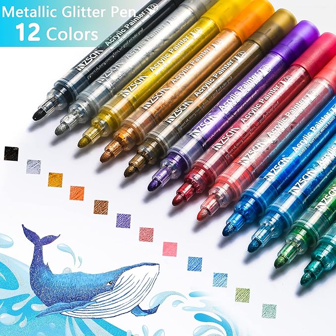 ZSCM Large Acrylic Glitter Markers Pen, 12 Colors Stocking Stuffers Gifts, Metallic Shimmer Markers for Doodle Writing, Glitter Art Crafts Gifts Trendy Stuff Christmas Stocking Stuffers