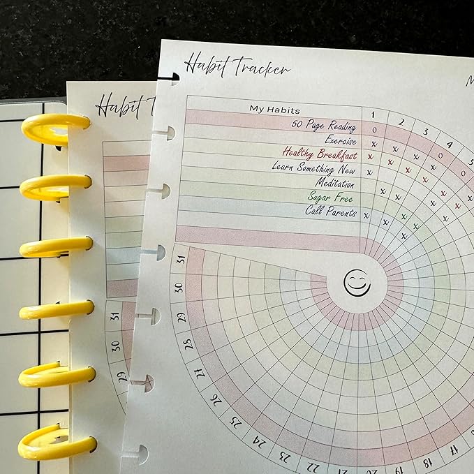 Color Habit Tracker Inserts for Discbound Planners Resolution Tracker, Habit Log, Habit Planner Fits Happy Planners TUL Staples ARC Notebook Levenger Circa NOTIQ Marta Stewart (8-Disc Half Letter)
