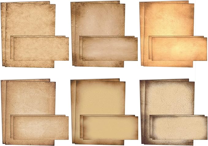 Better Office Products Aged Paper Stationery, 100 Piece Set (50 Sheets + 50 Matching Envelopes), Vintage Antique Old Fashion Parchment Paper, Letter Size 8.5 x 11", 6 Designs, Double Sided Paper,