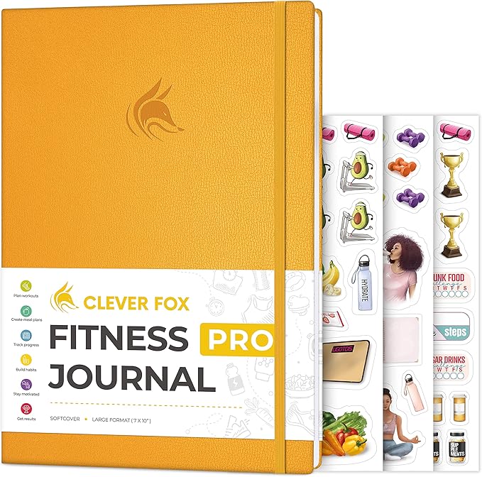 Clever Fox Fitness Journal PRO – Daily Workout Planner with Meal Planner & Habit Tracker – Gym Exercise Log Book for Women & Men – Fitness Planner Notebook – Lasts 6 Months, 7x10” - Amber Yellow