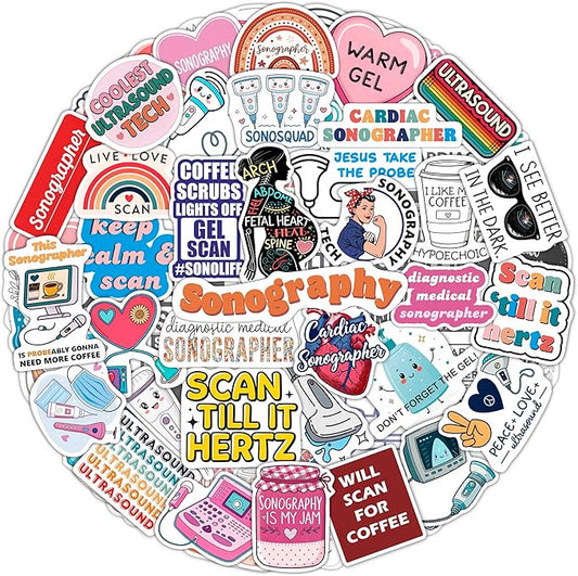 100Pcs Sonography Stickers for Water Bottle, Laptop - Ultrasound Stickers - Sonography Gifts for Sonographer, Party Decorations - Gift for Women & Men