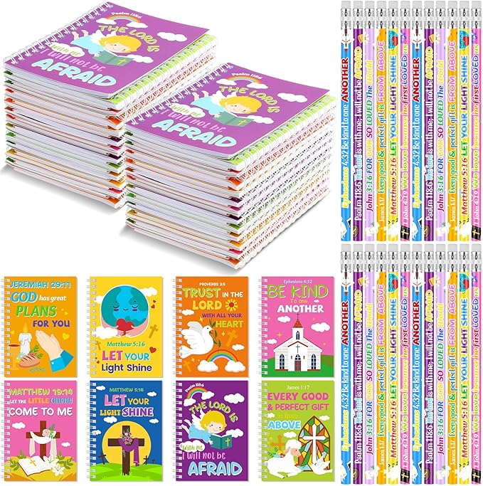 Crtiin Easter 48 Pcs Include 24 Bible Verse Notepad 24 Pencils Kids Christian Church Gifts Students Classroom Award Religious Notebook Bible Pencils Prayer Pocket School(Colorful Cross,Eclectic)