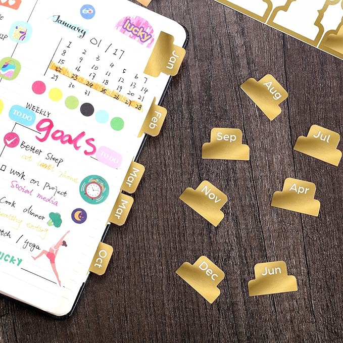 Outus 24 Pieces Monthly Adhesive Tabs for Planner - Designer Accessories Monthly Tabs Stickers Decorative for Office Planners Organizations Sturdy Notebook Planners Journal(Gold)