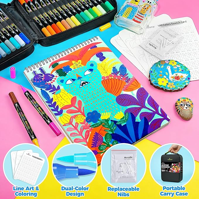 WINSONS 120 Colors Acrylic Paint Markers, Permanent Dual-Tip Acrylic Markers Set, Soft Brush Tip Paint Pens for Rock Painting, Canvas, Glass, Wood, Ceramic, DIY Craft Art Supplies, Set of 60