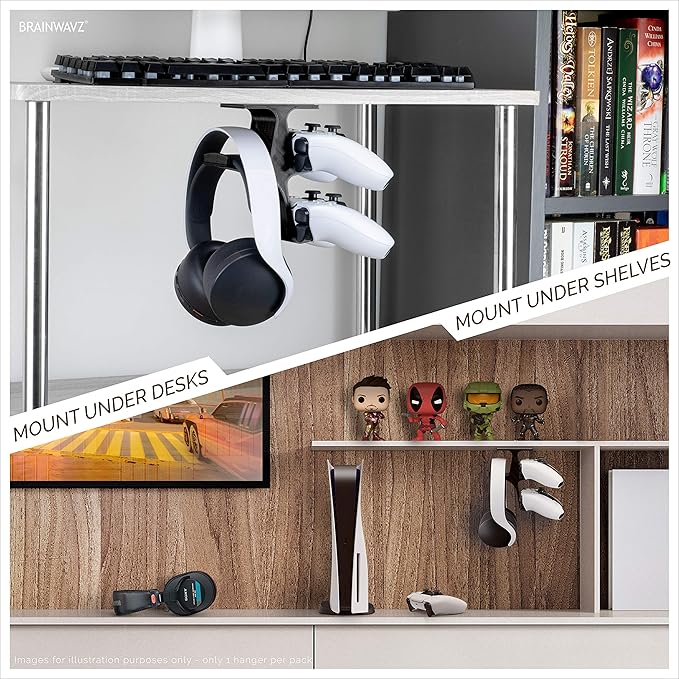 The Treo - Under Desk / Shelf Dual Gamepad Controller & Headphone Hanger Holder Stand - Designed for Xbox ONE, PS4, PS3, PS5, Dualshock, DualSense, Switch, PC, Steelseries, Steam & More, by Brainwavz