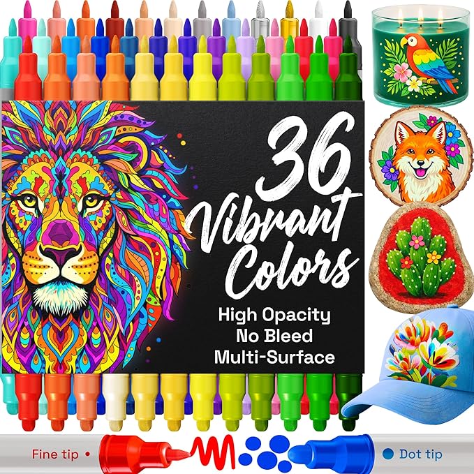 ARTISTRO 36 Acrylic Paint Markers for Rock, Fabric, Wood, Glass, Decoration - Dual-Tip Paint Pens for Coloring Books for Adults, Teens, Kids - Art and Craft Supplies Kit - Gift Idea