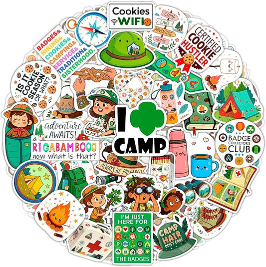 100Pcs Camping Girl Stickers for Water Bottle, Laptop - Cookie Dealer Stickers - Camping Party Supplies & Gifts for Girl - Outdor Adventure Decals - Gift for Women & Men