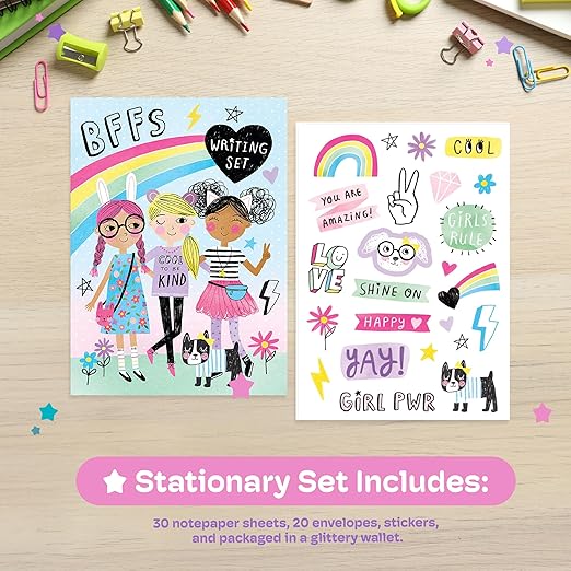 Cute Stationary Set for Girls by Jewelkeeper - 30 Sheets Stationary Letter Paper with 20 Envelopes, Stickers, and Seals - Fun Rainbow Design Letter Writing Kit for Kids - Cool Girls Stationery Set