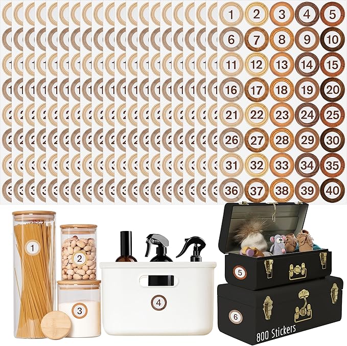 800 PCS 1-40 Number Stickers, Water/Oil/Tear Resistant Rustic Wooden Style Number Labels, Remove Without Residue for Indoor, Outdoor, Office, Classroom, Storage, Organizing, Boxes (1”, 20 Sheets)