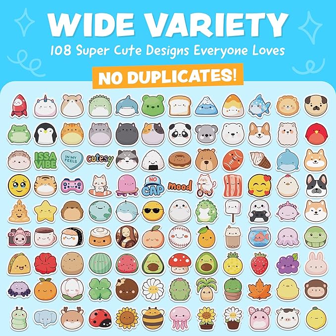 Cute Stickers for Kids - Kawaii Water Bottle Stickers for Teens - 108pc Sticker Pack - Waterproof Vinyl Stickers for Water Bottles, Scrapbook, Laptops - Valentine Stickers for Kids Classroom, Gifts
