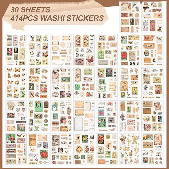 Vintage Journal Stickers - Aesthetic Sticker Book for Journaling & Scrapbooking - 50 Sheets with 30 Stickers & 20 Papers for Bullet Journals