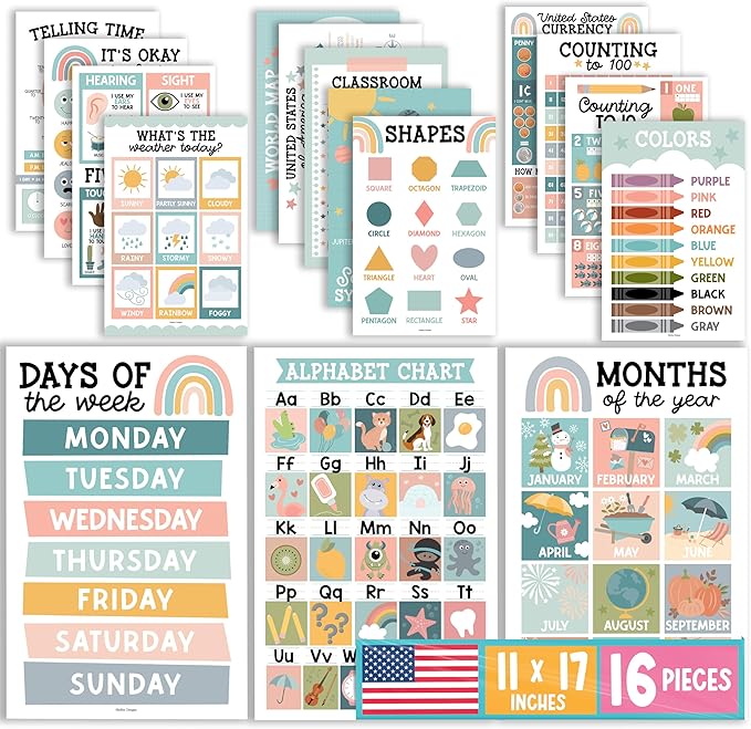Hadley Designs 16 Educational Posters for Classroom Decor - Learning Posters for Toddlers 1-3, Alphabet for Classroom Wall, Daycare Essentials, Homeschool Posters Preschool, Boho Playroom Decor