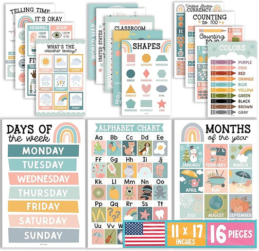 Hadley Designs 16 Educational Posters for Classroom Decor - Learning Posters for Toddlers 1-3, Alphabet for Classroom Wall, Daycare Essentials, Homeschool Posters Preschool, Boho Playroom Decor