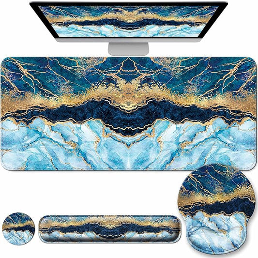Desk Mat Set + Keyboard and Mouse Pad with Wrist Rest Support,4-in-1 Large Mousepad Computer Mats for Desktop Home & Office-Marble 2