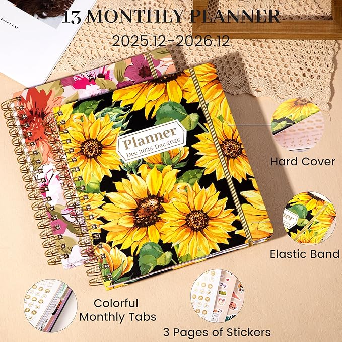 CAGIE 2026 Planner Weekly and Monthly Dec 2025-Dec 2026 Hardcover Calendar Planners with Stickers& Month Tabs for Women Spiral Bound 26 Yearly Agenda, 8.3"x9.1", Sunflower