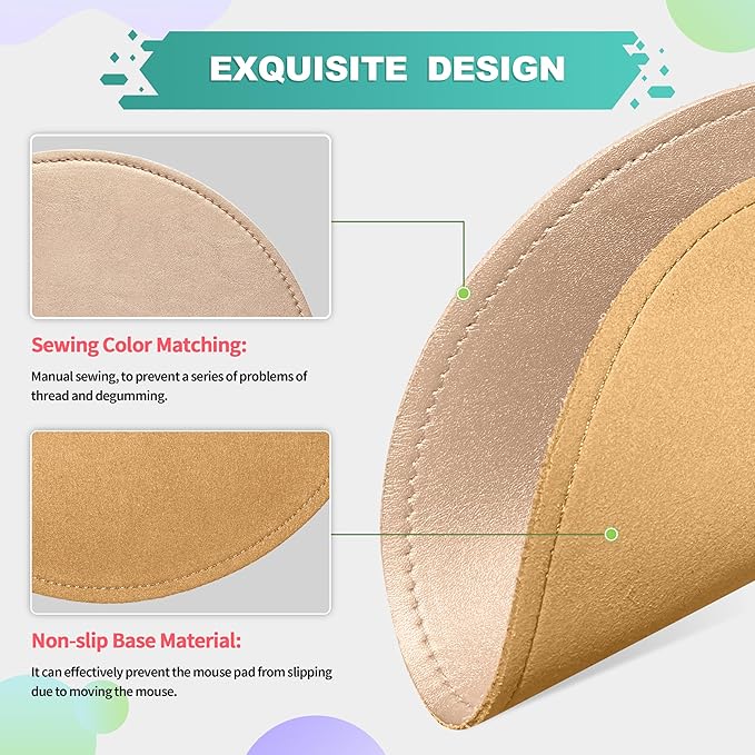 PU Leather Mouse Pad With Stitched Edge Micro-Fiber Base - Non-Slip Waterproof for Computers, Laptop - Round 9 x 9 Inch (Champagne Gold)