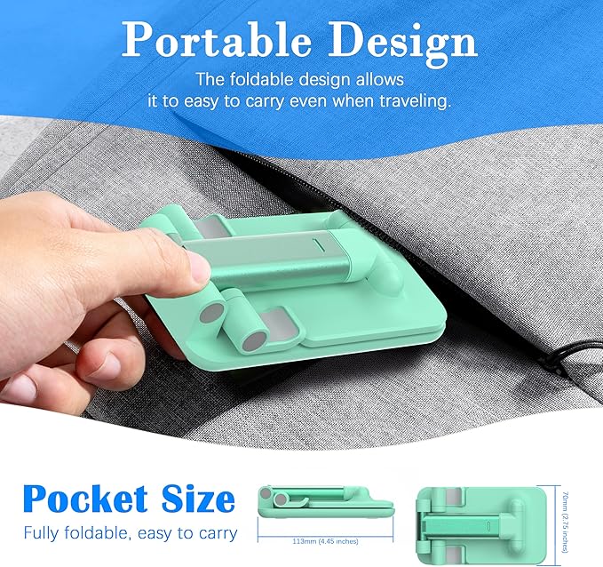 Cell Phone Stand, Adjustable Angle and Height Cell Phone Holder for Desk, Foldable and Portable, Anti-Slip Silicone Pad, Compatible with All Mobile Phones and 4-8 Inch Devices, Green