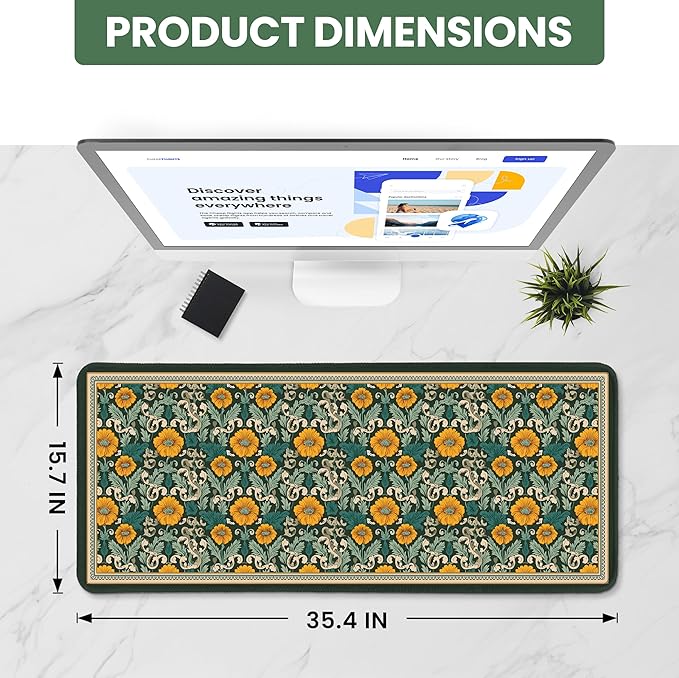 Large Mouse Pad for Desktop, Cute Desk Mat Pad Protector for Work & Gaming, Aesthetic Pretty Anti-Slip Laptop Blotter Cover for Office School Home Supplies, Baroque Bloomfield, 35.4" x 15.7"