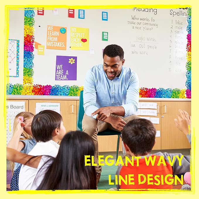 60 Feet Bulletin Board Borders, Self Adhesive Confetti Scalloped Rolled Border Trim Colorful Decoration with Strong & Permanent Adhesive for School, Classroom Offices Wall, Desks, Windows, Doors