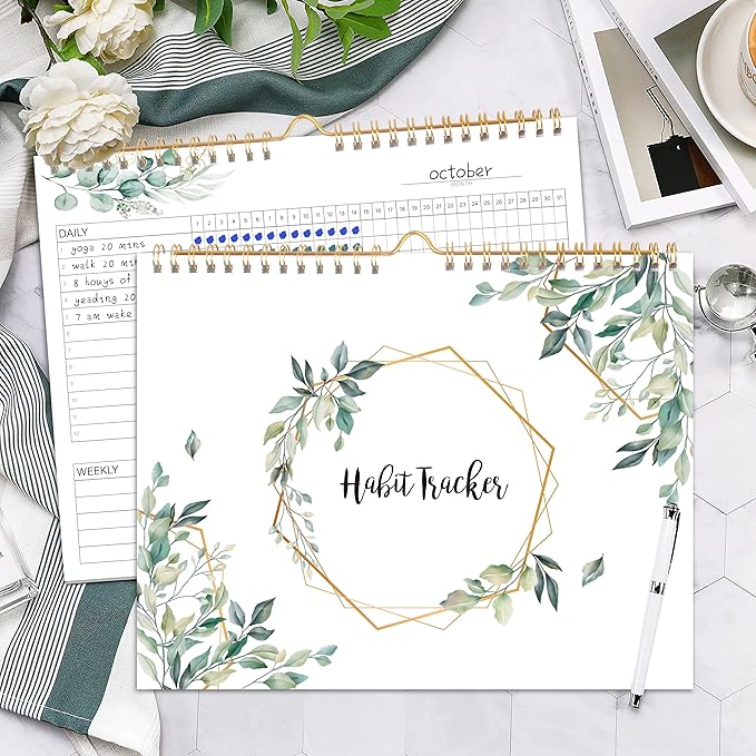 Habit Tracker Calendar - 12 Months Undated Daily Weekly & Monthly Period Habit Tracker Journal, Greenery Floral, Spiral Binding & Hanger, 7.8"x10"