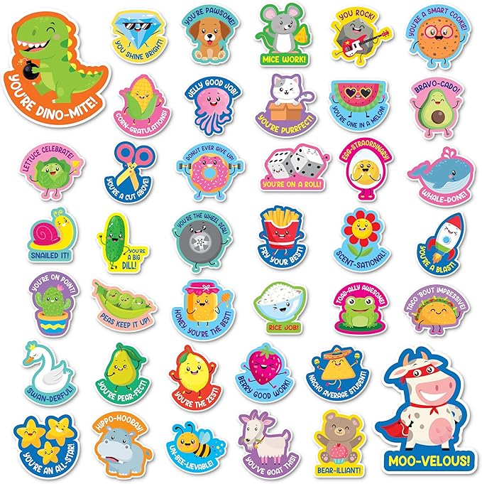S&O 600 Large Bravo-cado Punny Reward Stickers for Kids Classroom, Teacher Supplies for Students, Counselor & School Prints for Children, Funny Tags for Little Ones, Good Job Labels with 40 Puns