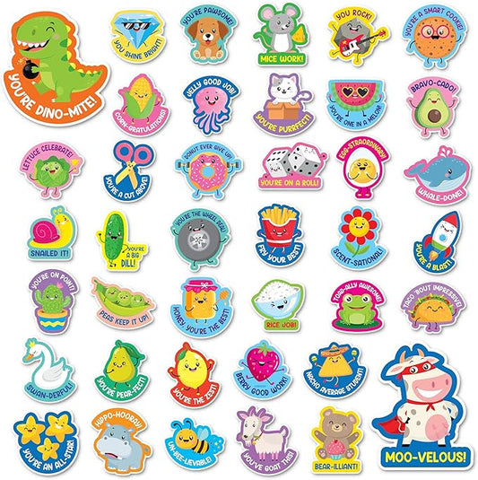 S&O 600 Large Bravo-cado Punny Reward Stickers for Kids Classroom, Teacher Supplies for Students, Counselor & School Prints for Children, Funny Tags for Little Ones, Good Job Labels with 40 Puns