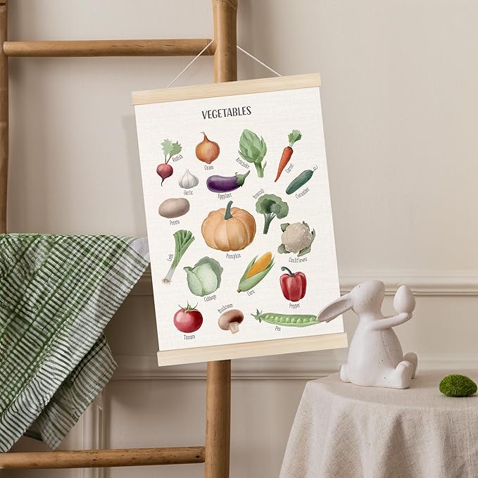 Koesus Vegetables Food Wall Art Poster Hanger Frame 12x16 Inch, Educational Learning Canvas Pictures Prints Framed Wall Decor for Classroom Toddler Kids Room Nursery Preschool Kitchen