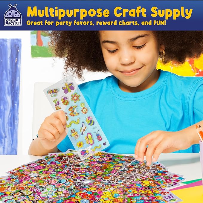 Purple Ladybug 3D Puffy Stickers for Kids - 40 Sheets, 950+ Foam Stickers for Toddler Girls & Boys, Classroom & Teachers Must Haves, Boredom Buster - Back to School Gift for Kindergarten Girls & Boys