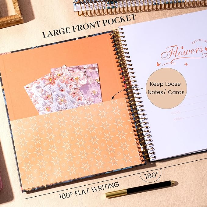 CAGIE Spiral Notebook 8.5 x 11 Hardcover Notebooks College Ruled with Large Pocket Aesthetic Floral Note Book Spiral Bound Journal Notebooks for Work Note Taking Women Writing School, 200 Pages