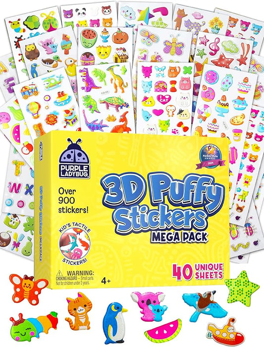 Purple Ladybug 3D Puffy Stickers for Kids - 40 Sheets, 950+ Foam Stickers for Toddler Girls & Boys, Classroom & Teachers Must Haves, Boredom Buster - Back to School Gift for Kindergarten Girls & Boys