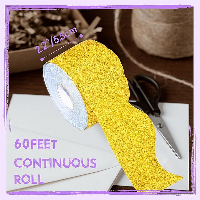 60 Feet Bulletin Board Borders, Golden Glitter Rolled Border Trim Scalloped Board Border with Wavy Line Design Decoration for School, Classroom & Office