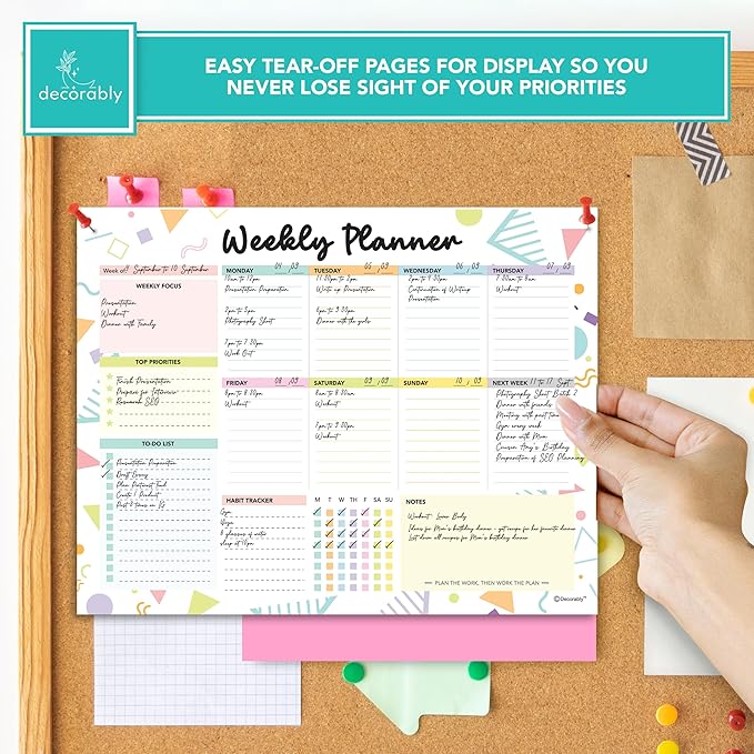 Decorably 52 Sheets Colorful Pastel Undated Weekly to Do List Notepad - 6.5x10" Spring-Bound Planner Pad, Easy Tear-Off, for Priorities, to-Do List, Habit Tracker, Focus & Notes - Home, School, Office