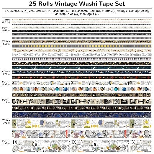 Vintage Tarot & Celestial Washi Tape Set - 25 Rolls Astrology Style Decorative Tapes for Journaling, Scrapbooking,Junk Journal, DIY Craft，Bullet Journaling , Celestial Stickers with Beautiful Gift Box