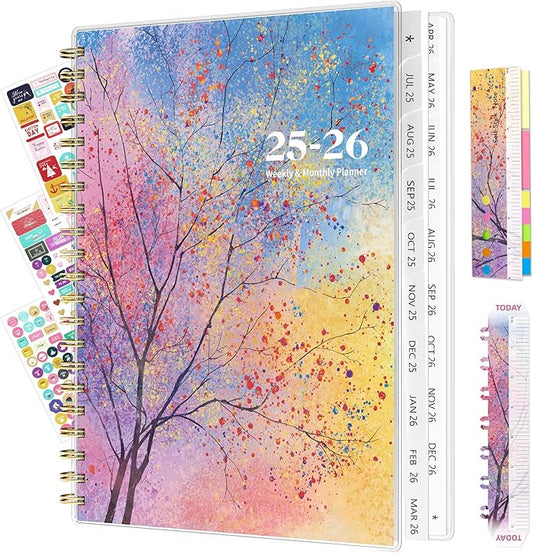 Ospelelf 2025 2026 Planner Weekly and Monthly Calendar Spiral Bound, A4 Office Supplies For Women & Men, 18 Months PVC Cover Life Planners with Stickers Colorful Tree