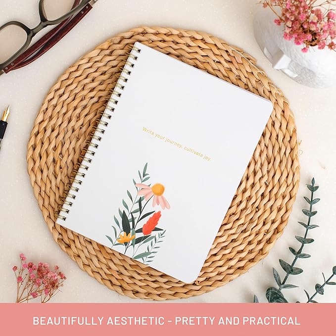 Happy Hoos® Aesthetic Spiral Notebook - 6.25" x 8.25" College Ruled Journal Notebook - Hard Cover Writing Journal for Work, School, Travel, More - Floral Notebook 8 Seasonal Designs (Joyful Journey)