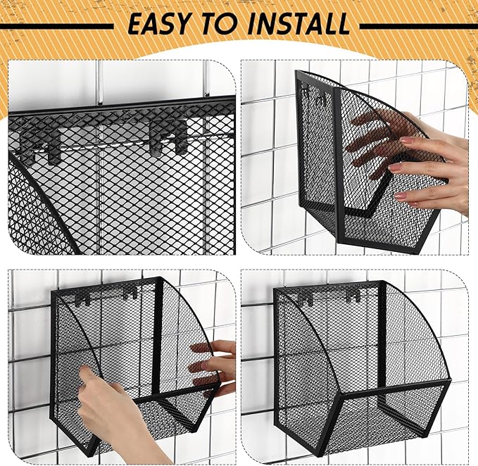 4 Pack Grid Wall Baskets Metal Wire Storage Basket Hanging Wall Mount Bins Containers Accessories for Organizing Storage Display Kitchen Office Garage Home Bathroom, Black