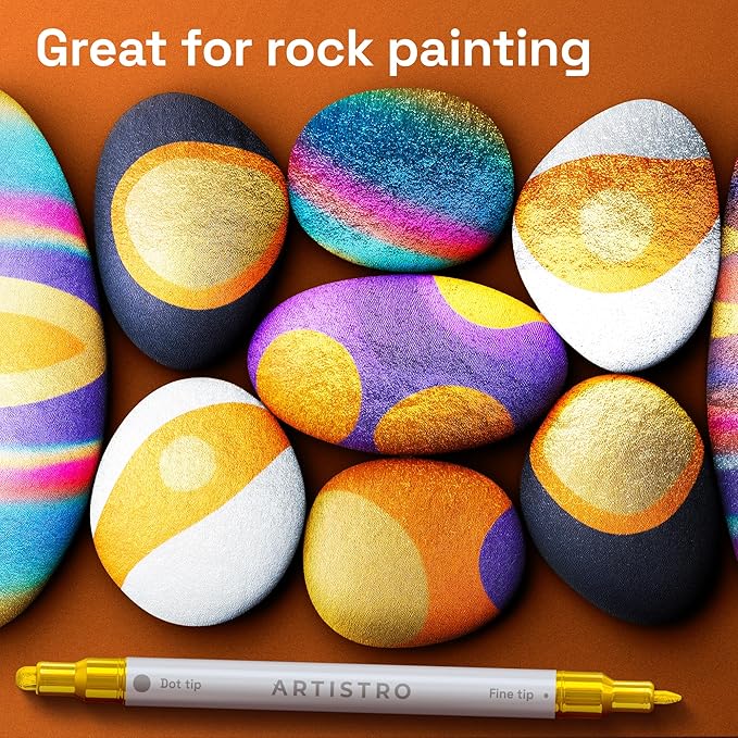 ARTISTRO 12 Gold Acrylic Paint Markers for Rock, Fabric, Wood, Glass, Decoration - Dual-Tip Paint Pens for Coloring Books for Adults, Teens, Kids - Art and Craft Supplies Kit - Gift Idea
