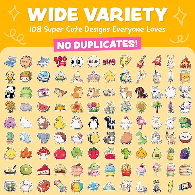 Cute Stickers for Kids - Kawaii Water Bottle Stickers for Teens - 108pc Sticker Pack - Waterproof Vinyl Stickers for Water Bottles, Scrapbook, Laptops - Valentine Stickers for Kids Classroom, Gifts