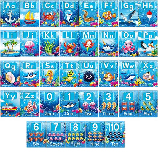37 Piece Alphanumeric Bulletin Board Set Submarine Alphanumeric 0-10 Card Cutout Marine Life Educational Poster for Classroom Walls Preschool Kindergarten Teacher