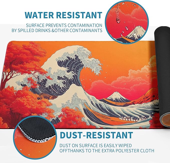 Japanese Sea Wave Mouse Pad Red Desk Mat XL Mouse Gaming Pads, Sea Keyboard Pads Extra Large Desktop Computer Mats with Non-Slip Base & Stitched Edges, Vintage Office Decor 31.5x11.8