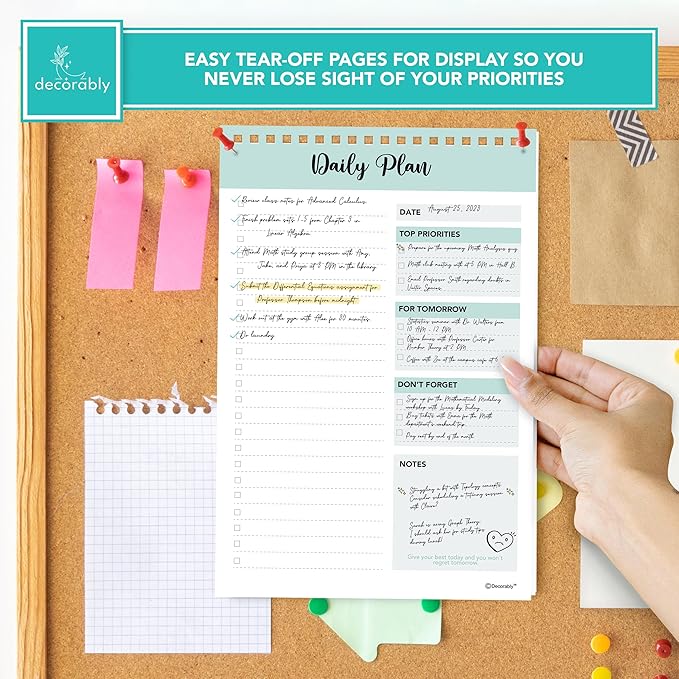 Decorably 52 Sheets Mint Green-Themed Undated Daily to Do List Notepad, 6.5x10in Spring-Bound Planner Pad, Easy Tear-Off Design, with Priorities, Checklist, Agenda, Reminders, Notes - Home, School