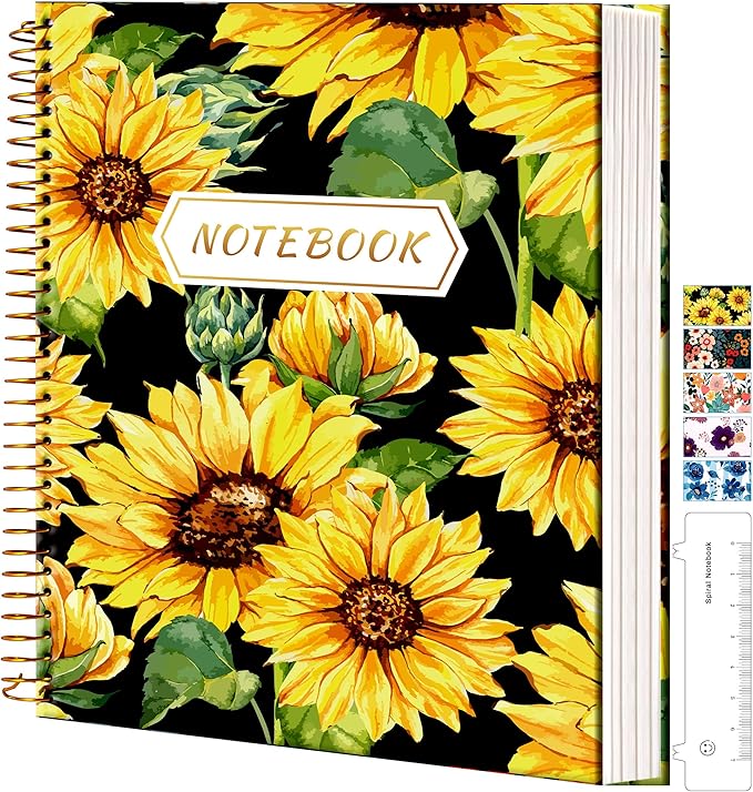 CAGIE Spiral Notebook 8.5 x 11 Aesthetic Hardcover Notebooks College Ruled with Large Pocket Floral Note Book Spiral Bound Journal Notebooks for Work Note Taking Women Writing School, Sunflower