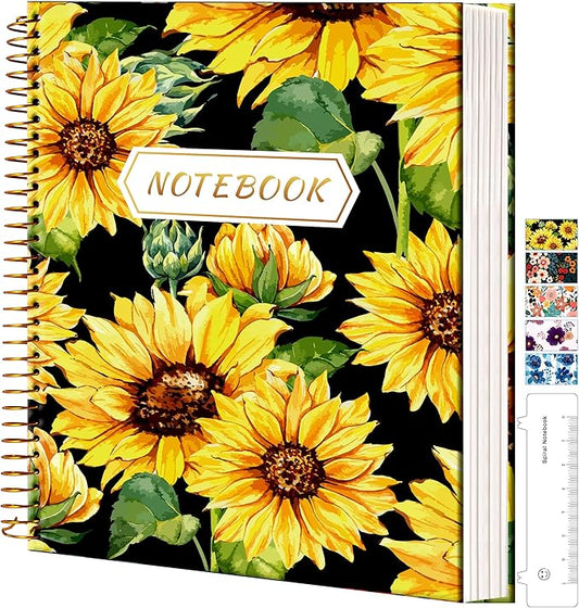 CAGIE Spiral Notebook 8.5 x 11 Aesthetic Hardcover Notebooks College Ruled with Large Pocket Floral Note Book Spiral Bound Journal Notebooks for Work Note Taking Women Writing School, Sunflower