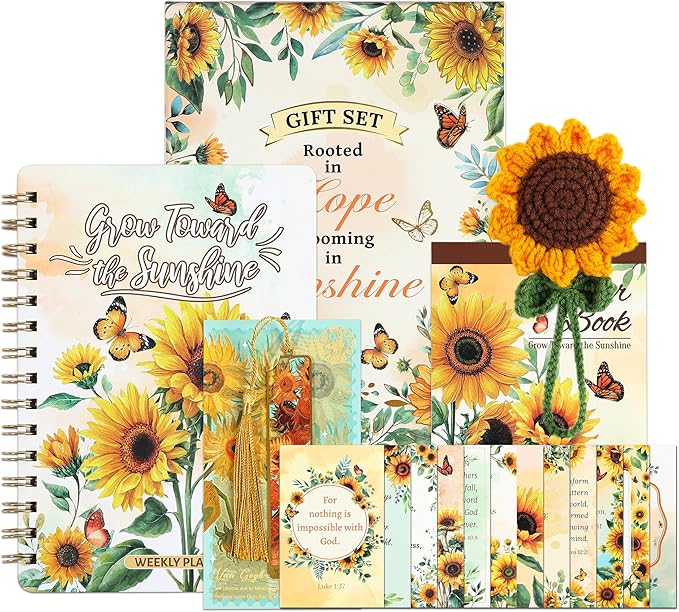 Sunflower Planner Gift Set for Women - 1 Sticker Book of 600+ Stickers, 1 Weekly Planner, 1 Crochet Keychain, 1 Metal Bookmark, 12 Prayer Cards, Gift for Women Men Teens Christian Birthday Mothers Day