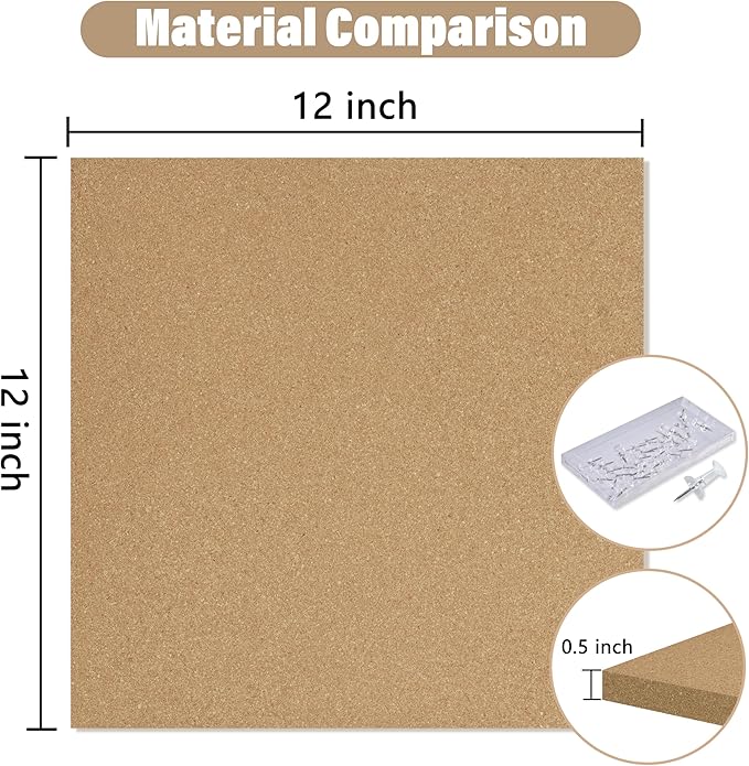 Cork Board Bulletin Board 12x12,1/2" Thick Cork Board Tiles 6 Pack, Self-Adhesive Small Square Pin Board for Walls, Corkboards for Office Home School Message/Vision Board Decoration.