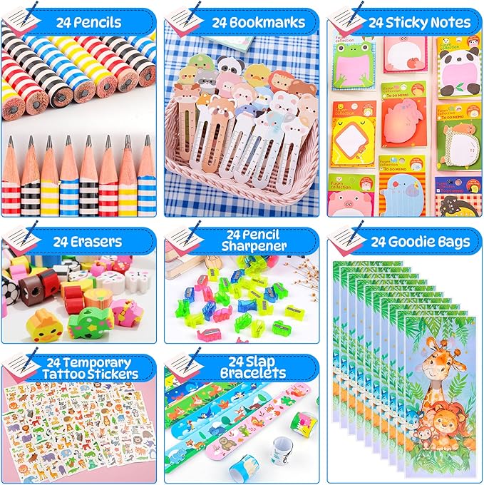 ANPHILE Return Gifts for Birthday Party, 24 Pack Stationery Birthday Goodie Bags with Pencils Erasers Stickers School Classroom Gifts for Students Classroom Gifts Rewards Prizes