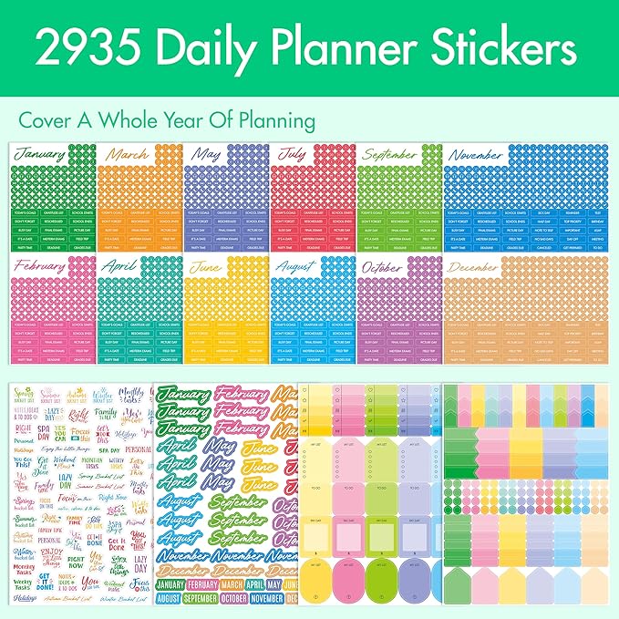 2935 Planner Stickers, Color Coordinating Monthly Functional Stickers Daily Calendar Stickers Aesthetic Note to Do Blank Sticker for Scrapbooks, Planner, Budget, Work, DIY Activity, Diary, Journal