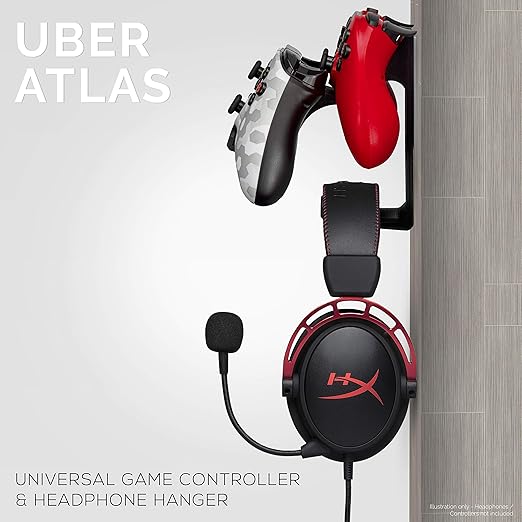 The UberAtlas Dual Game Controller & Headphone Stand Wall Mount Holder for Xbox ONE, Series X, PS5, PS4, PS3, Switch, STEELSERIES Gamepad & More, Stay Organized No Screws, by Brainwavz